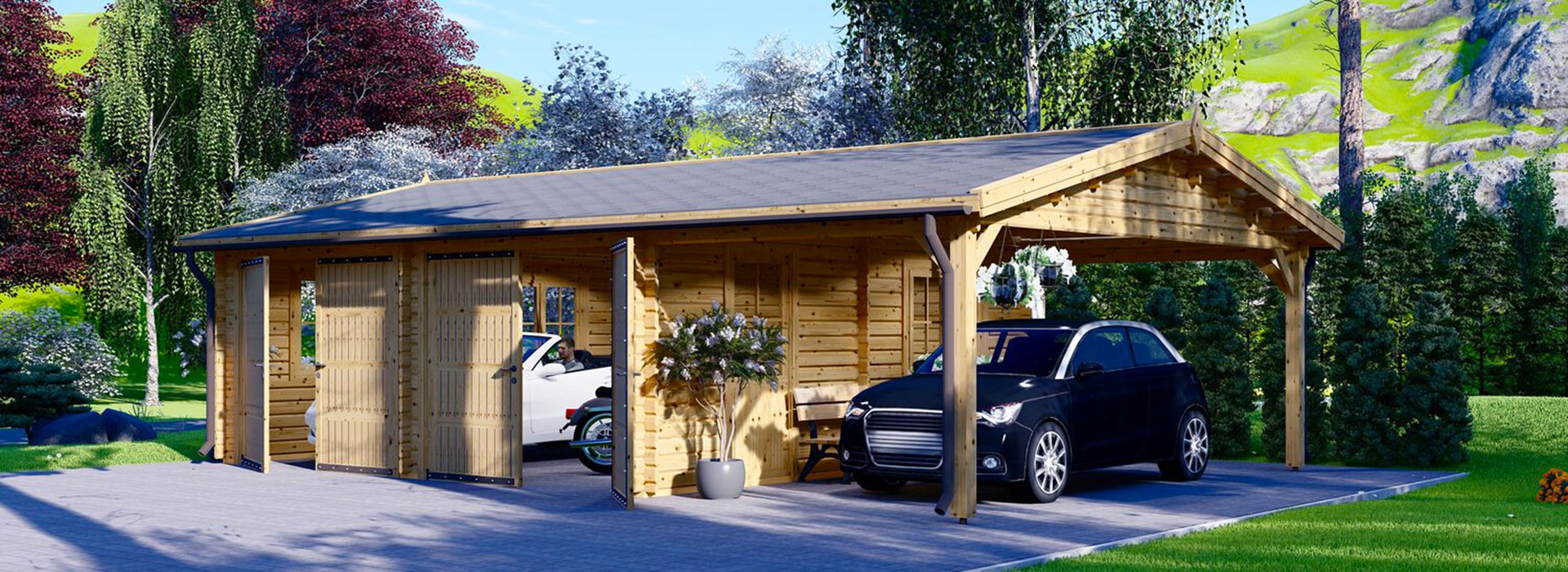 Lesena garaža in lesni zavetišča za avto